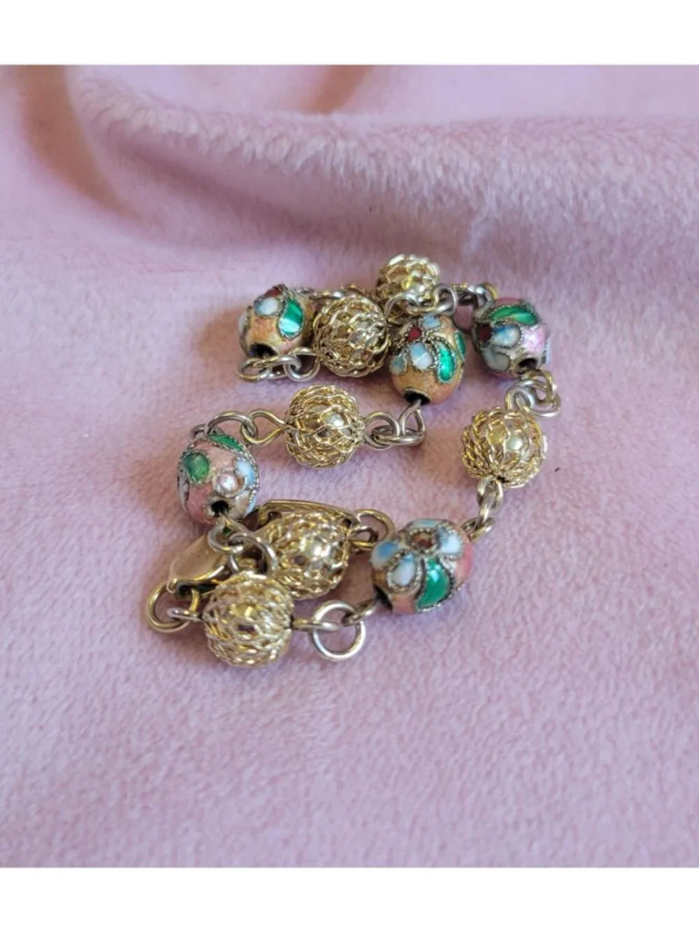 Gold Tone Pink Green Cloisonne Enamel Flower Beaded Wrap Chain Bracelet B1A